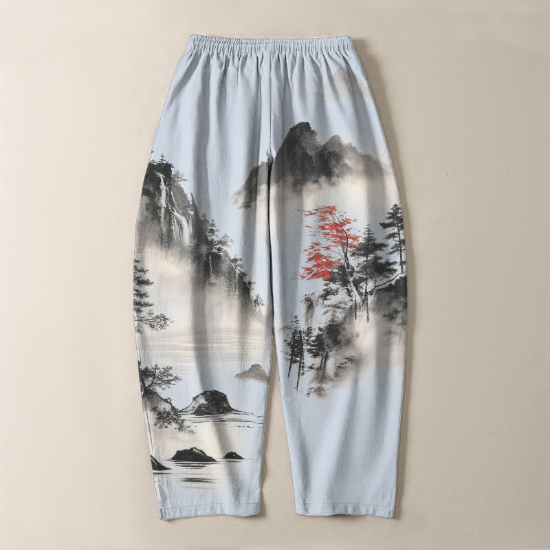 Buddha Stones Pantalones de hombre de algodón puro con estampado de paisaje de montaña lavado a la tinta, cordón ajustable y corte cónico con bolsillos. - image 14