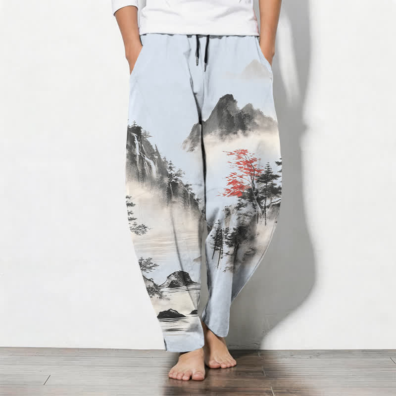 Buddha Stones Pantalones de hombre de algodón puro con estampado de paisaje de montaña lavado a la tinta, cordón ajustable y corte cónico con bolsillos. - Azul claro - US/UK/AU50, EU60 (5XL) - image 11