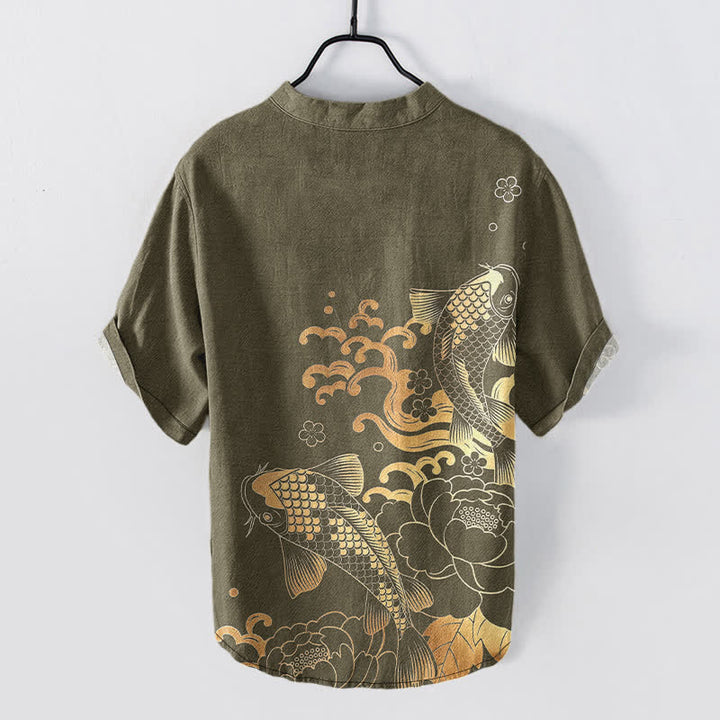 Buddha Stones Camisa de manga corta con medio botón y estampado de peonías y peces koi para hombre, de algodón. - image 1