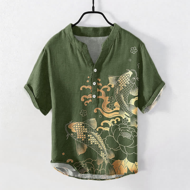 Buddha Stones Camisa de manga corta con medio botón y estampado de peonías y peces koi para hombre, de algodón. - Verde oliva - US/UK/AU50, EU60 (5XL) - image 7