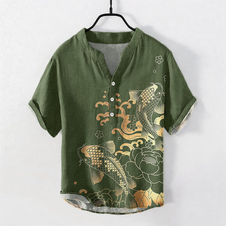Buddha Stones Camisa de manga corta con medio botón y estampado de peonías y peces koi para hombre, de algodón. - Verde oliva - US/UK/AU50, EU60 (5XL) - image 7