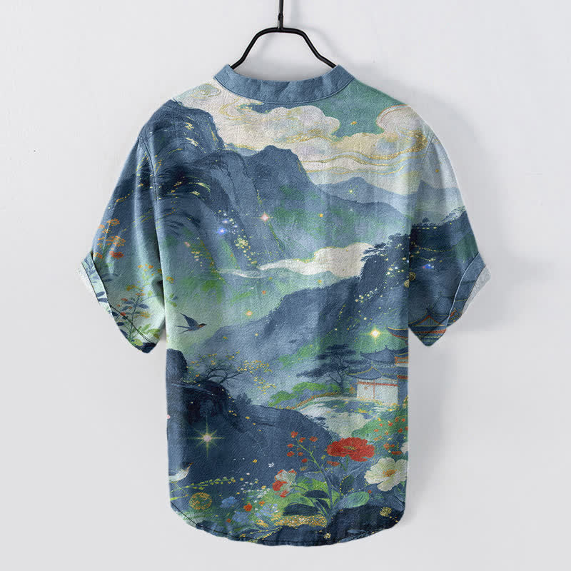 Buddha Stones Camisa de manga corta con medio botón para hombre, de algodón con estampado de paisaje lavado a la tinta. - image 1