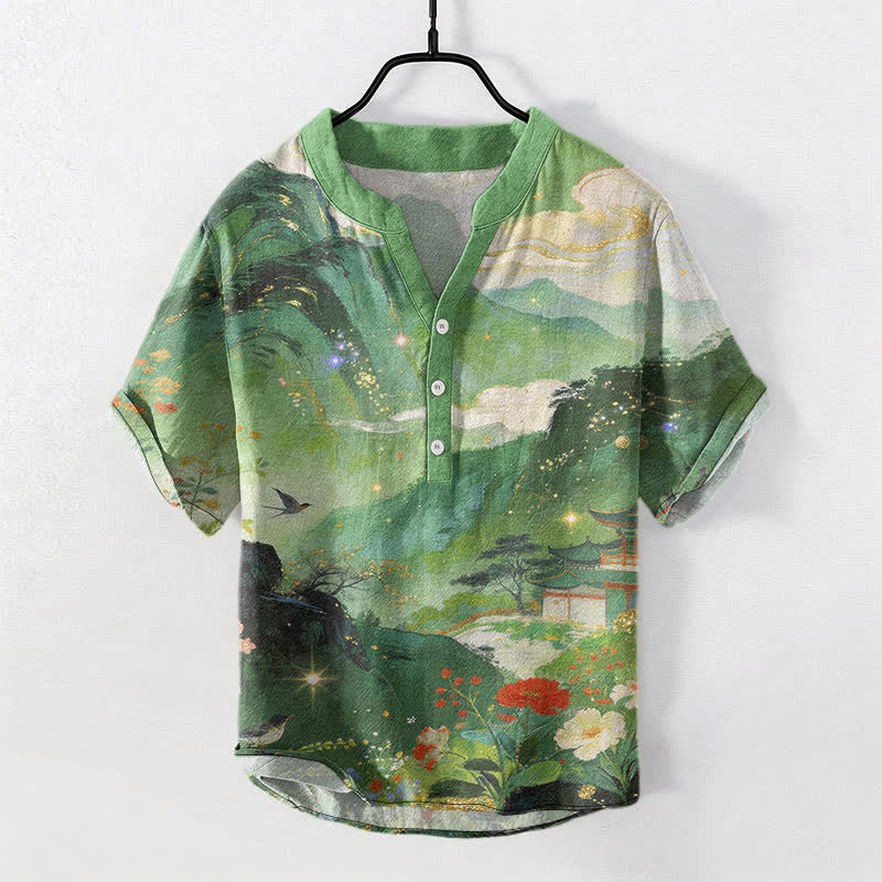 Buddha Stones Camisa de manga corta con medio botón para hombre, de algodón con estampado de paisaje lavado a la tinta. - Verde mar medio - US/UK/AU50, EU60 (5XL) - image 5