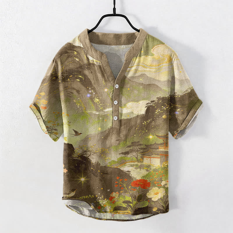 Buddha Stones Camisa de manga corta con medio botón para hombre, de algodón con estampado de paisaje lavado a la tinta. - vara de oro - US/UK/AU50, EU60 (5XL) - image 7
