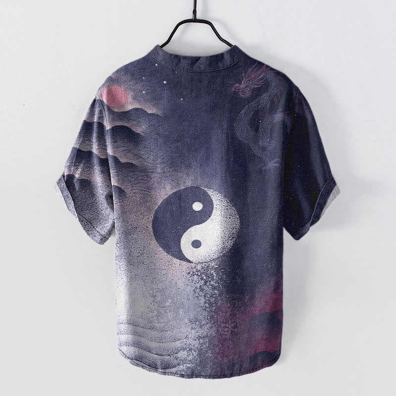 Buddha Stones Camisa de manga corta con medio botón para hombre, de algodón, con estampado de nubes Yin Yang. - image 6
