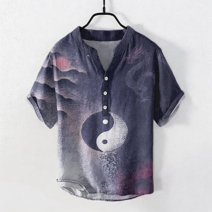 Buddha Stones Camisa de manga corta con medio botón para hombre, de algodón, con estampado de nubes Yin Yang. - Azul medianoche - US/UK/AU50, EU60 (5XL) - image 5