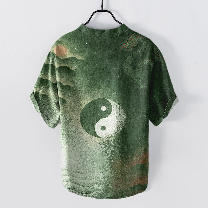 Buddha Stones Camisa de manga corta con medio botón para hombre, de algodón, con estampado de nubes Yin Yang. - image 8