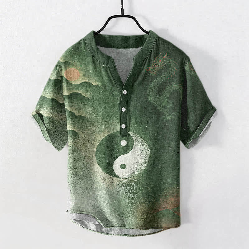 Buddha Stones Camisa de manga corta con medio botón para hombre, de algodón, con estampado de nubes Yin Yang. - Verde oliva oscuro - US/UK/AU50, EU60 (5XL) - image 7