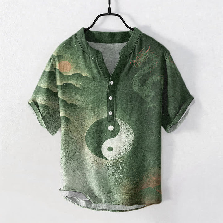 Buddha Stones Camisa de manga corta con medio botón para hombre, de algodón, con estampado de nubes Yin Yang. - Verde oliva oscuro - US/UK/AU50, EU60 (5XL) - image 7