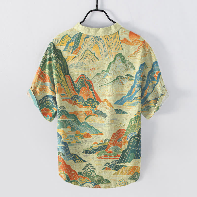 Buddha Stones Camisa de manga corta con medio botón y estampado abstracto de paisaje montañoso para hombre, de algodón. - image 4