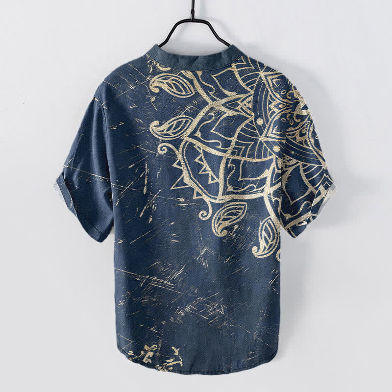 Buddha Stones Camisa de manga corta con medio botón y estampado floral de mandala vintage de algodón para hombre - image 1