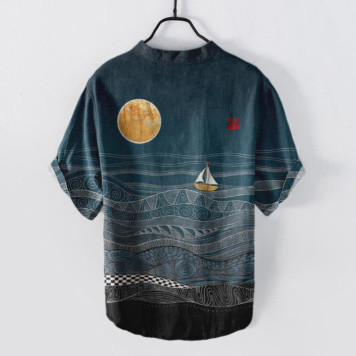 Buddha Stones Camisa de manga corta con medio botón para hombre, de algodón, con estampado de veleros y olas del océano. - image 1