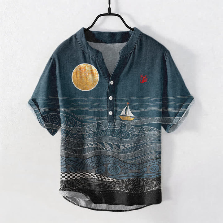Buddha Stones Camisa de manga corta con medio botón para hombre, de algodón, con estampado de veleros y olas del océano. - Verde azulado - US/UK/AU50, EU60 (5XL) - image 0