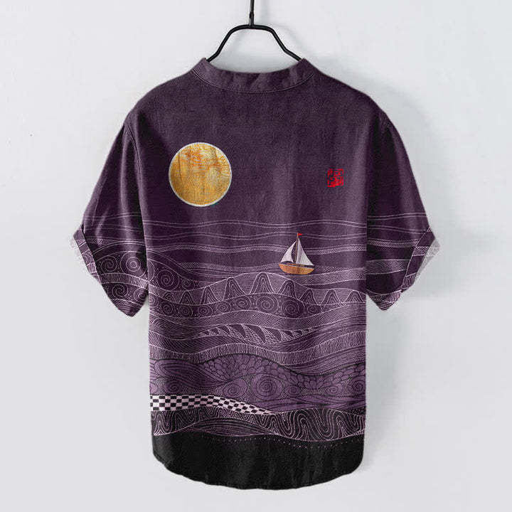 Buddha Stones Camisa de manga corta con medio botón para hombre, de algodón, con estampado de veleros y olas del océano. - image 8