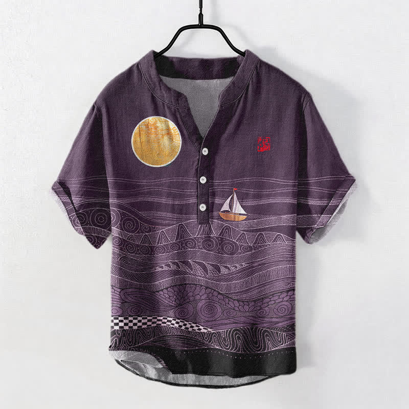 Buddha Stones Camisa de manga corta con medio botón para hombre, de algodón, con estampado de veleros y olas del océano. - Púrpura - US/UK/AU50, EU60 (5XL) - image 7