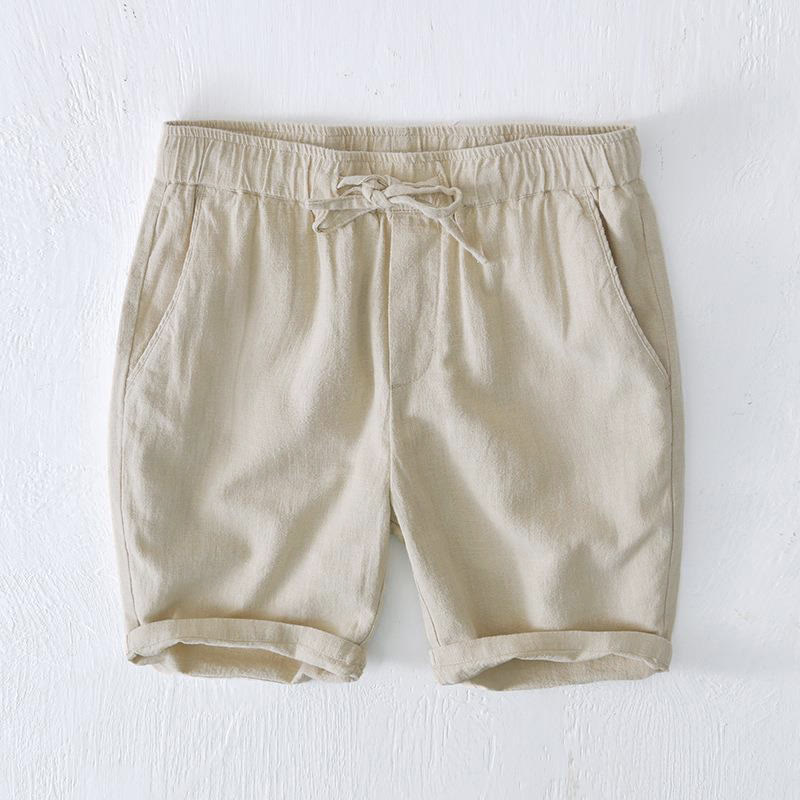 Pantalones cortos de ramio, lino y algodón para hombre, de color liso, con cordón ajustable y cintura elástica, con bolsillos, Buddha Stones Summer. - Beige - US/UK/AU44, EU54 (4XL) - image 0
