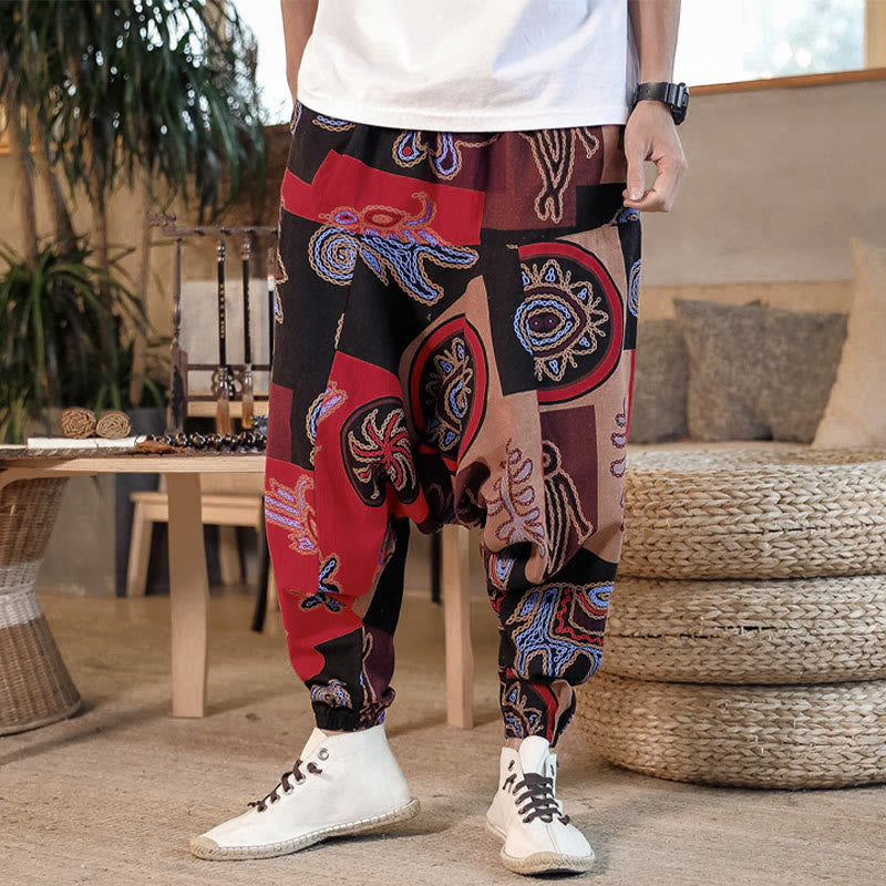 Pantalones harem cortos para hombre con estampado floral y de cuadrícula de Buddha Stones, con bolsillos. - image 1