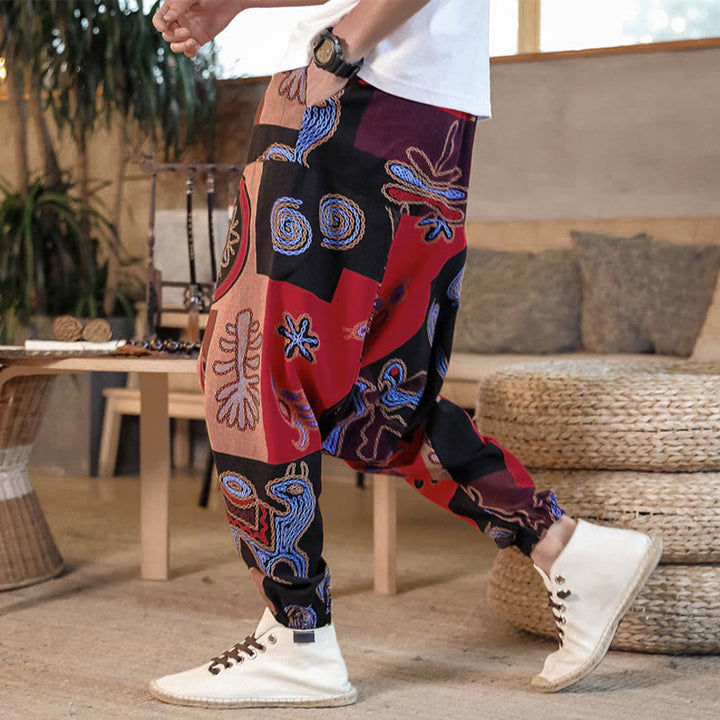Pantalones harem cortos para hombre con estampado floral y de cuadrícula de Buddha Stones, con bolsillos. - Rojo - US/UK/AU42, EU52 (3XL) - image 0