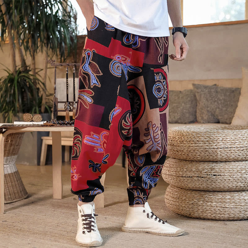Pantalones harem cortos para hombre con estampado floral y de cuadrícula de Buddha Stones, con bolsillos. - image 5