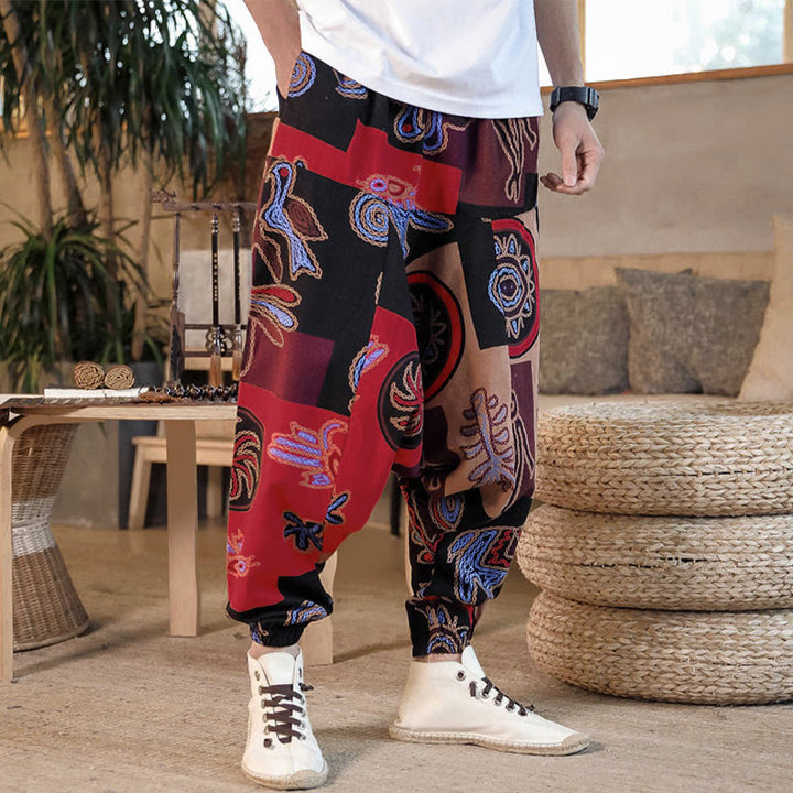 Pantalones harem cortos para hombre con estampado floral y de cuadrícula de Buddha Stones, con bolsillos. - image 5