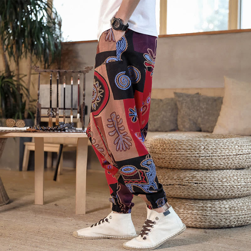 Pantalones harem cortos para hombre con estampado floral y de cuadrícula de Buddha Stones, con bolsillos. - image 2