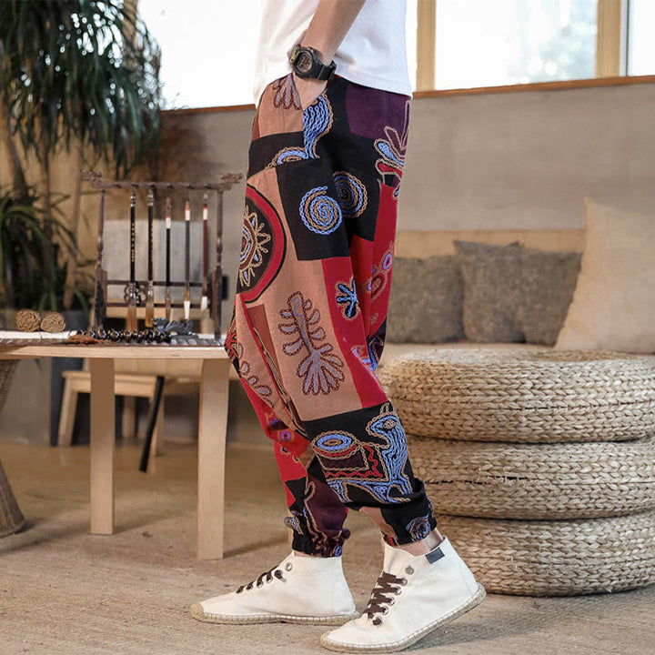 Pantalones harem cortos para hombre con estampado floral y de cuadrícula de Buddha Stones, con bolsillos. - image 2