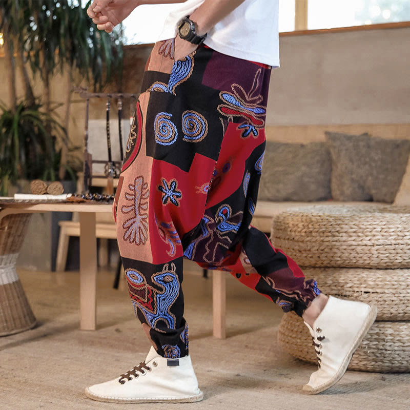 Pantalones harem cortos de algodón para hombre con estampado floral y de Buddha Stones, con bolsillos. - Rojo - US/UK/AU42, EU52 (3XL) - image 0