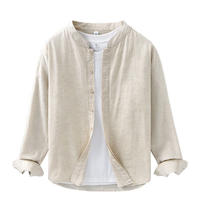 Buddha Stones Camisa de manga larga para hombre, estilo casual de primavera, con cuello mandarín y botones, de algodón y lino liso. - image 2