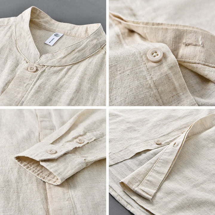 Buddha Stones Camisa de manga larga para hombre, estilo casual de primavera, con cuello mandarín y botones, de algodón y lino liso. - image 3