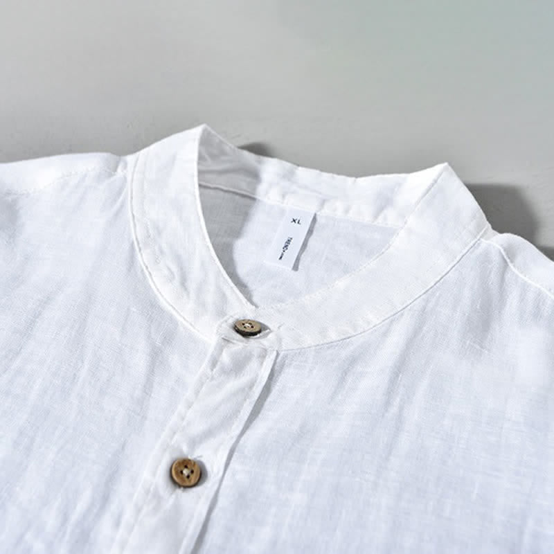 Buddha Stones Camisas de manga larga de lino liso para hombre, estilo casual de primavera, con cuello mandarín y bolsillo de parche. - image 22