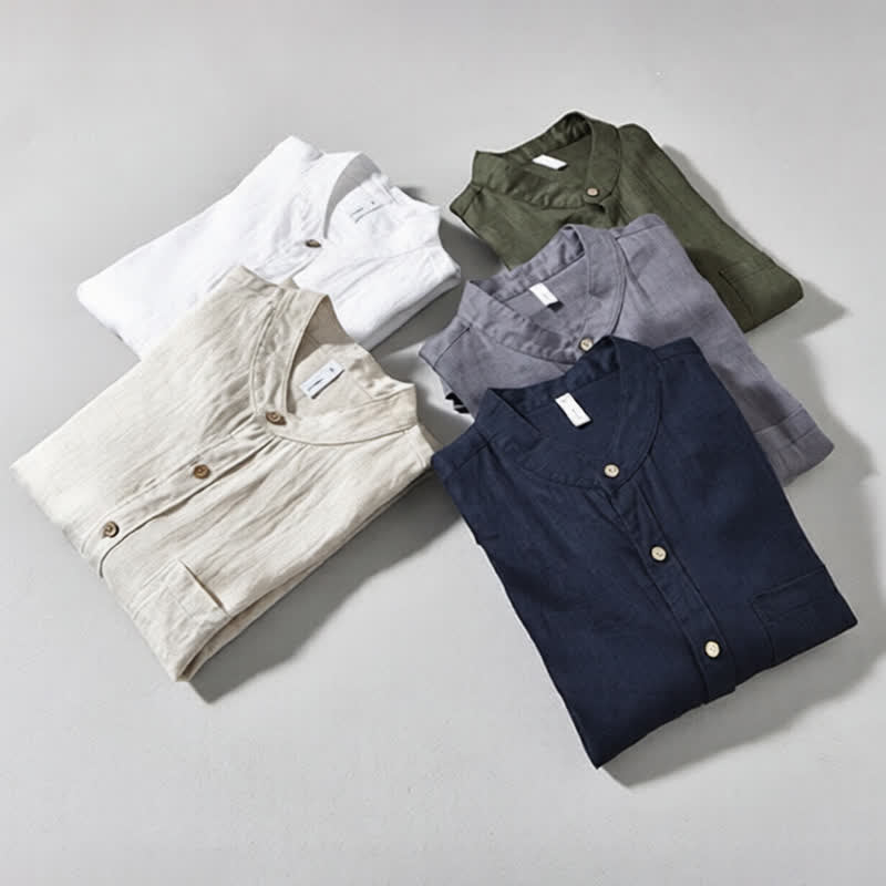 Buddha Stones Camisas de manga larga de lino liso para hombre, estilo casual de primavera, con cuello mandarín y bolsillo de parche. - image 24