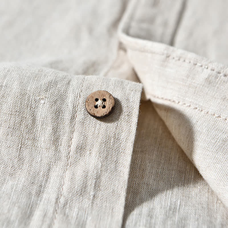 Buddha Stones Camisas de manga larga de lino liso para hombre, estilo casual de primavera, con cuello mandarín y bolsillo de parche. - image 5