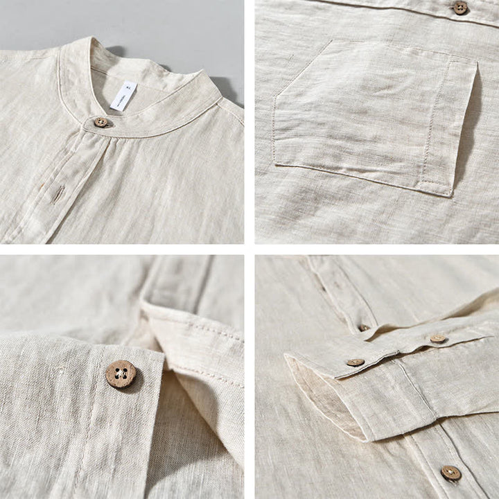 Buddha Stones Camisas de manga larga de lino liso para hombre, estilo casual de primavera, con cuello mandarín y bolsillo de parche. - image 3