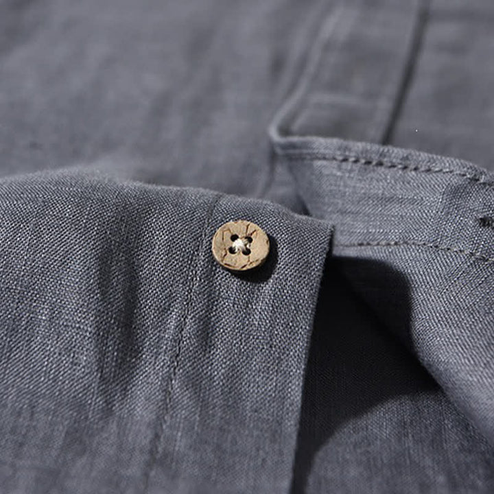 Buddha Stones Camisas de manga larga de lino liso para hombre, estilo casual de primavera, con cuello mandarín y bolsillo de parche. - image 15