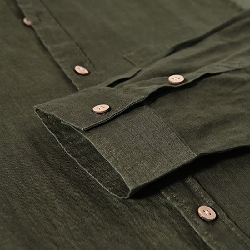 Buddha Stones Camisas de manga larga de lino liso para hombre, estilo casual de primavera, con cuello mandarín y bolsillo de parche. - image 20