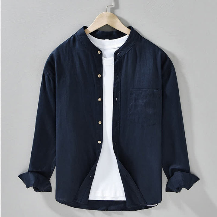 Buddha Stones Camisas de manga larga de lino liso para hombre, estilo casual de primavera, con cuello mandarín y bolsillo de parche. - Azul medianoche - US/UK/AU42, EU52 (3XL) - image 9