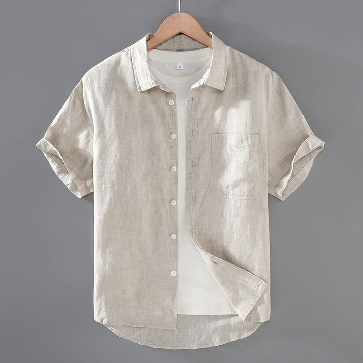 Buddha Stones Camisa de manga corta de lino liso para hombre, estilo casual de verano, con botones y bolsillo de parche. - Beige - US/UK/AU42, EU52 (3XL) - image 0