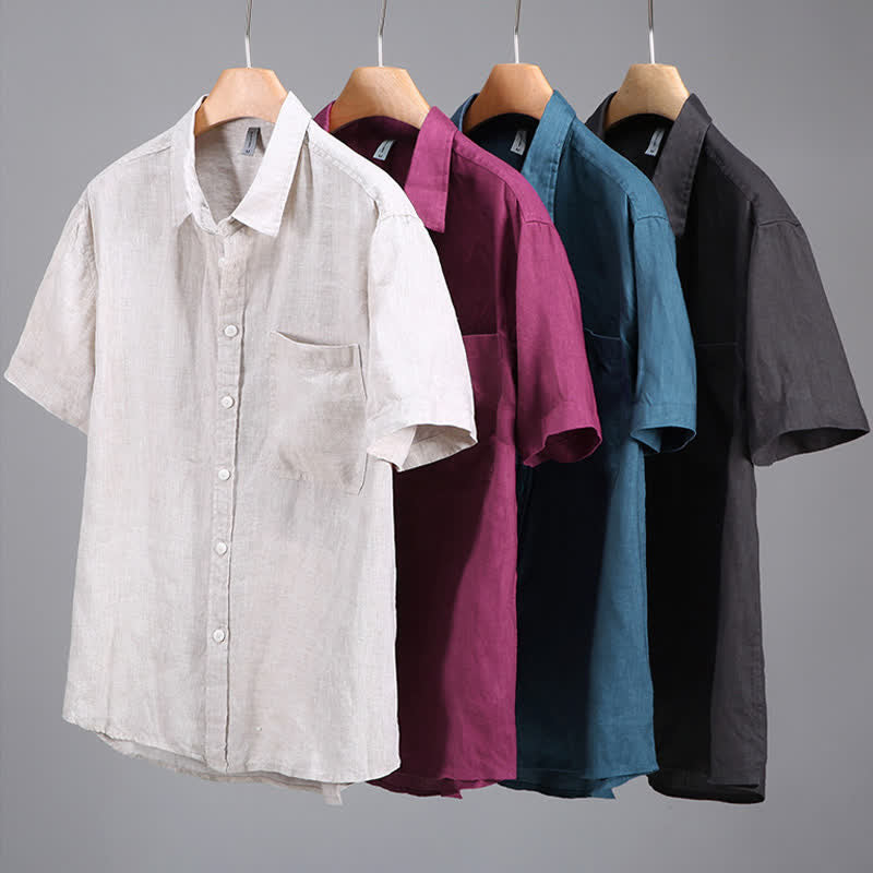 Buddha Stones Camisa de manga corta de lino liso para hombre, estilo casual de verano, con botones y bolsillo de parche. - image 12