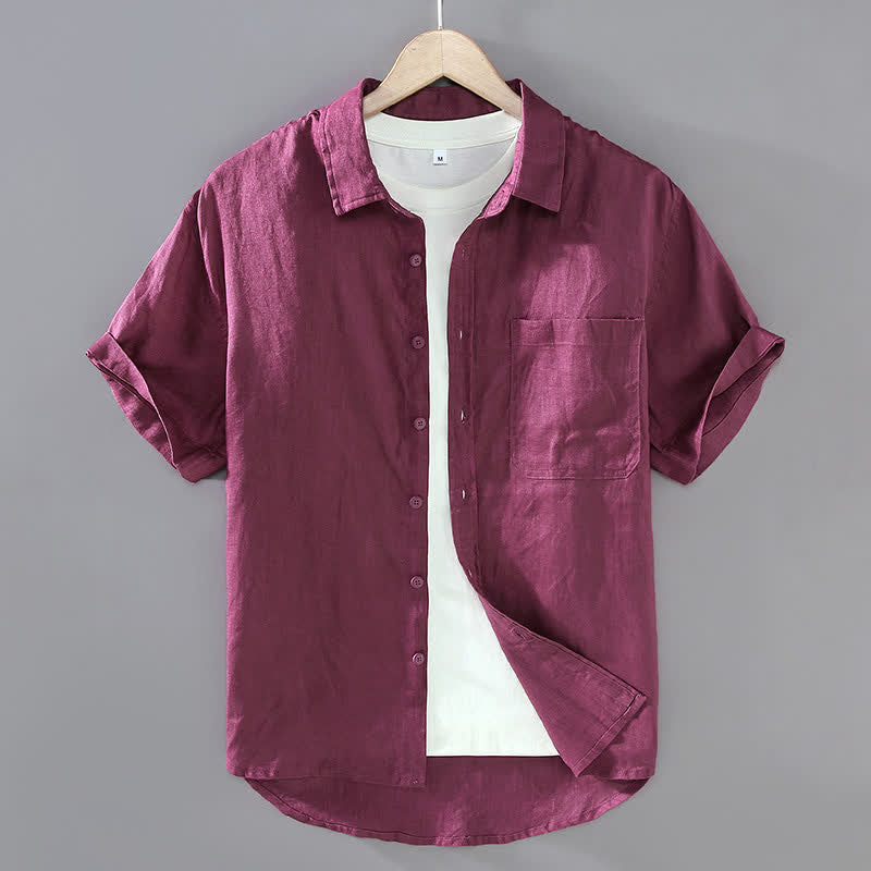 Buddha Stones Camisa de manga corta de lino liso para hombre, estilo casual de verano, con botones y bolsillo de parche. - Rojo violeta pálido - US/UK/AU42, EU52 (3XL) - image 11
