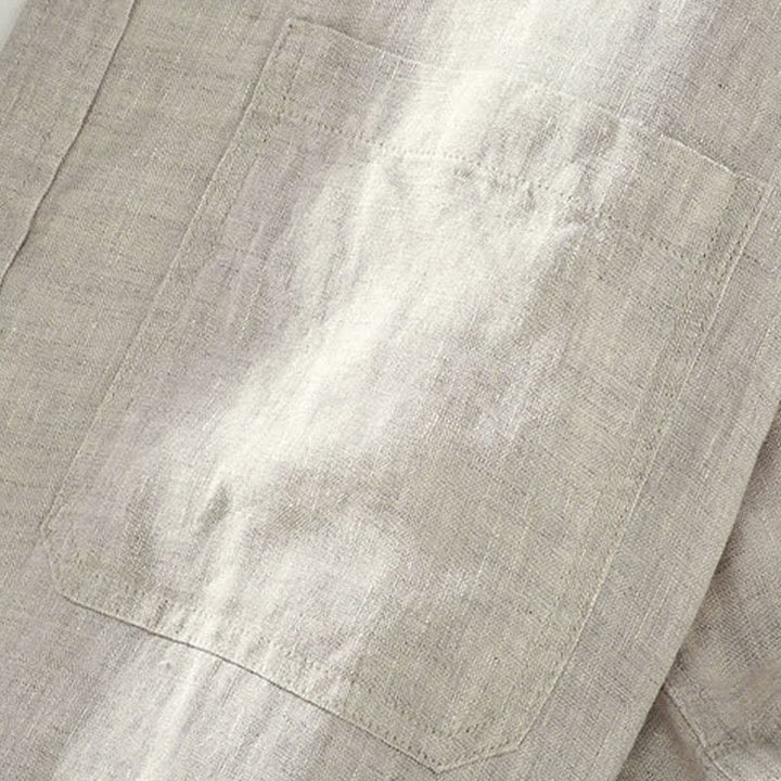 Buddha Stones Camisa de manga corta de lino liso para hombre, estilo casual de verano, con botones y bolsillo de parche. - image 5