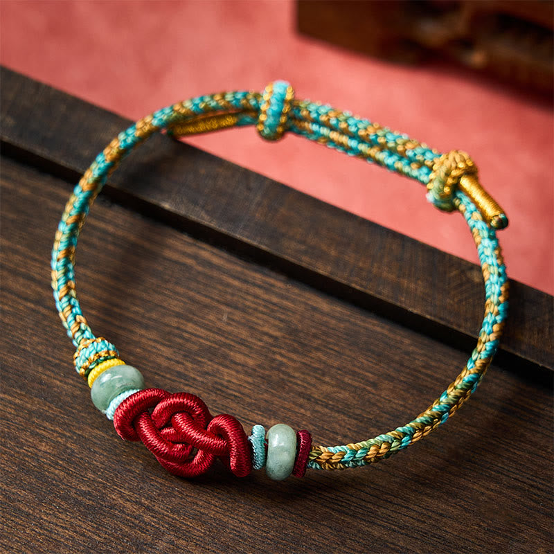 Buddha Stones Pulsera ajustable de jade con nudo Wenchang trenzado amarillo y verde, hecha a mano. - image 1