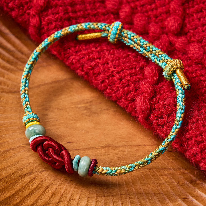 Buddha Stones Pulsera ajustable de jade con nudo Wenchang trenzado amarillo y verde, hecha a mano. - image 3