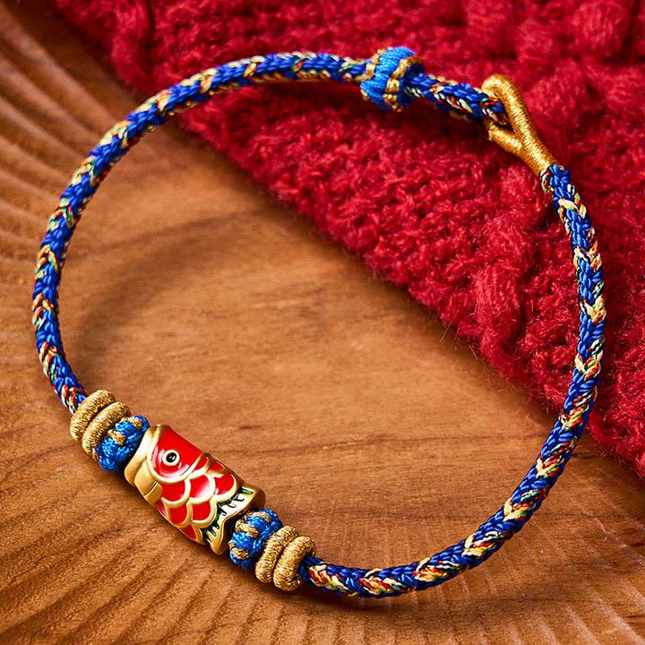 Buddha Stones Pulsera de hilo tejida a mano con diseño de pez koi para la buena suerte - Azul con accesorio de pez koi - image 16