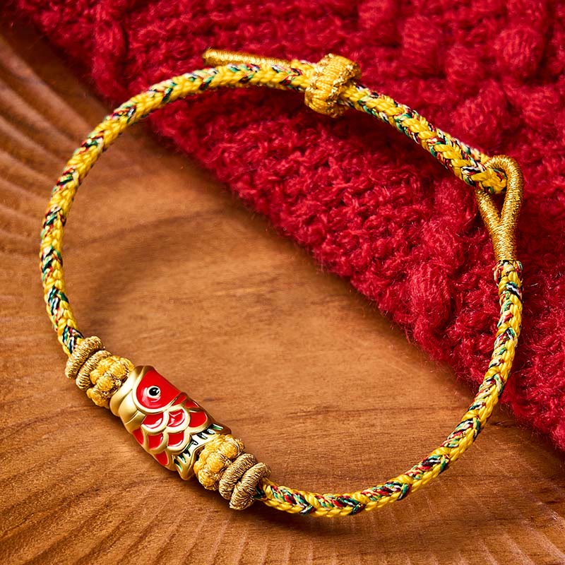 Buddha Stones Pulsera de hilo tejida a mano con diseño de pez koi para la buena suerte - Amarillo con accesorio de pez koi - image 19