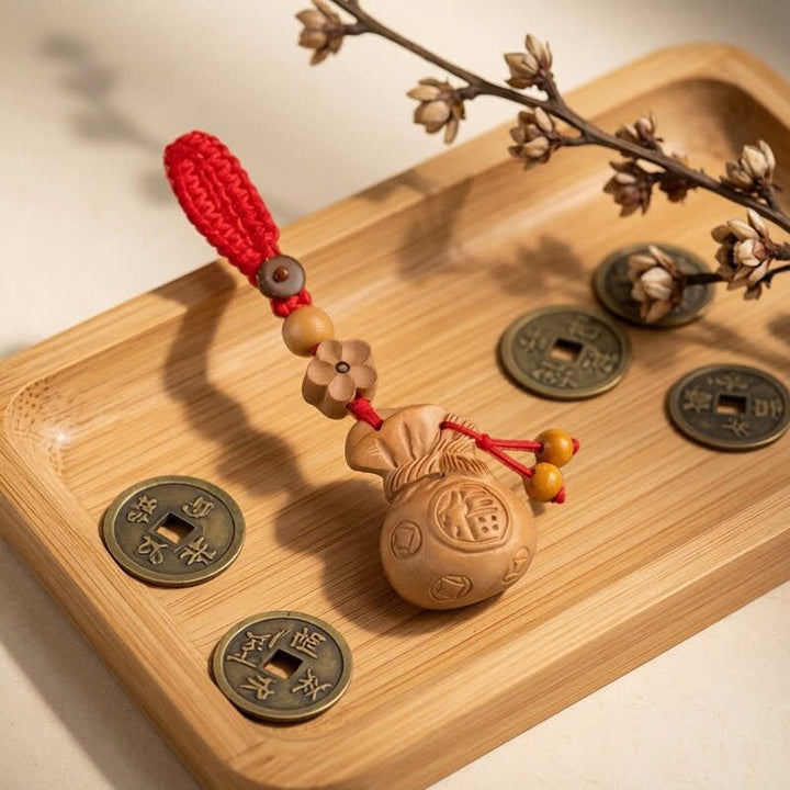 Buddha Stones Llaveros con dije de loto y bolsa de la suerte de madera de durazno Fu - Cuentas de flor de ciruelo y cuerda roja - image 11