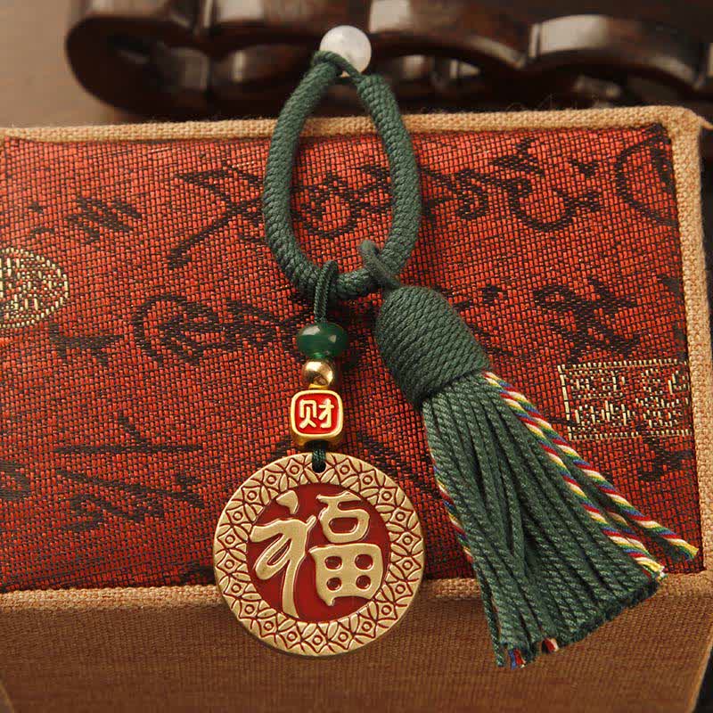 Buddha Stones Llaveros con borla de bendición de personaje Fu, de latón tejido a mano con cuerda roja. - Borla verde de placa Fu - image 10