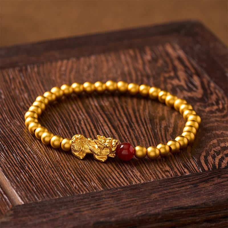 Buddha Stones Pulsera de cuentas redondas de ágata roja Pi Xiu chapada en oro y cobre - image 1