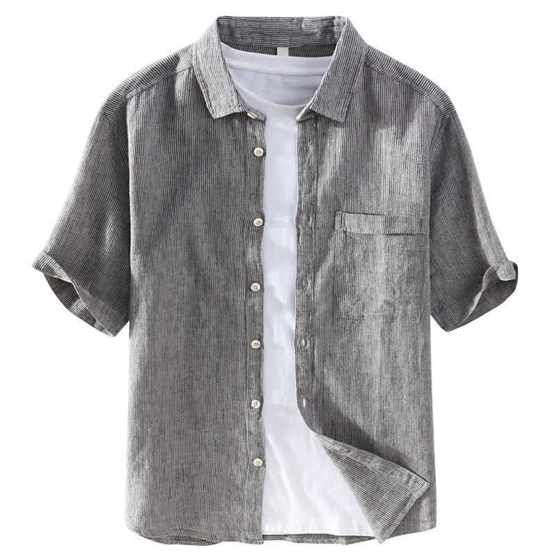 Buddha Stones Camisas de manga corta de lino para hombre, estilo casual de verano, con rayas lisas y bolsillo de parche. - image 9
