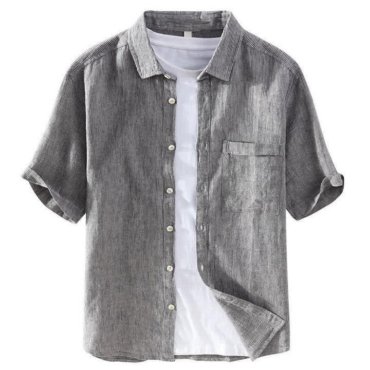 Buddha Stones Camisas de manga corta de lino para hombre, estilo casual de verano, con rayas lisas y bolsillo de parche. - image 9