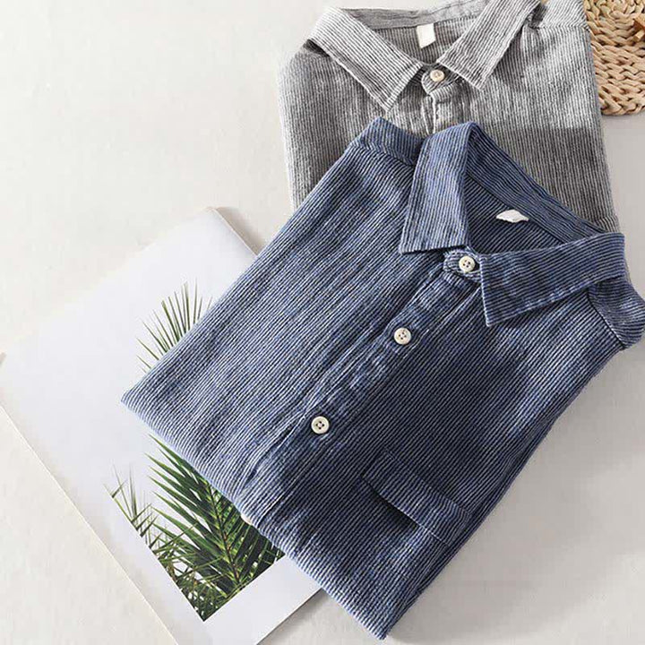 Buddha Stones Camisas de manga corta de lino para hombre, estilo casual de verano, con rayas lisas y bolsillo de parche. - image 18
